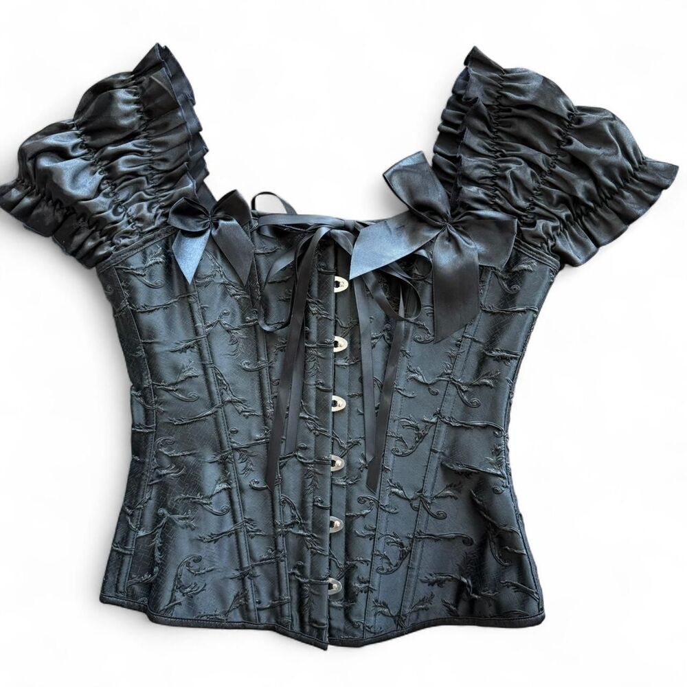Luxurious Vintage-Inspired Gothic Corset Top – Satin Sleeves, Embroidered Detail - Picture 4 of 9